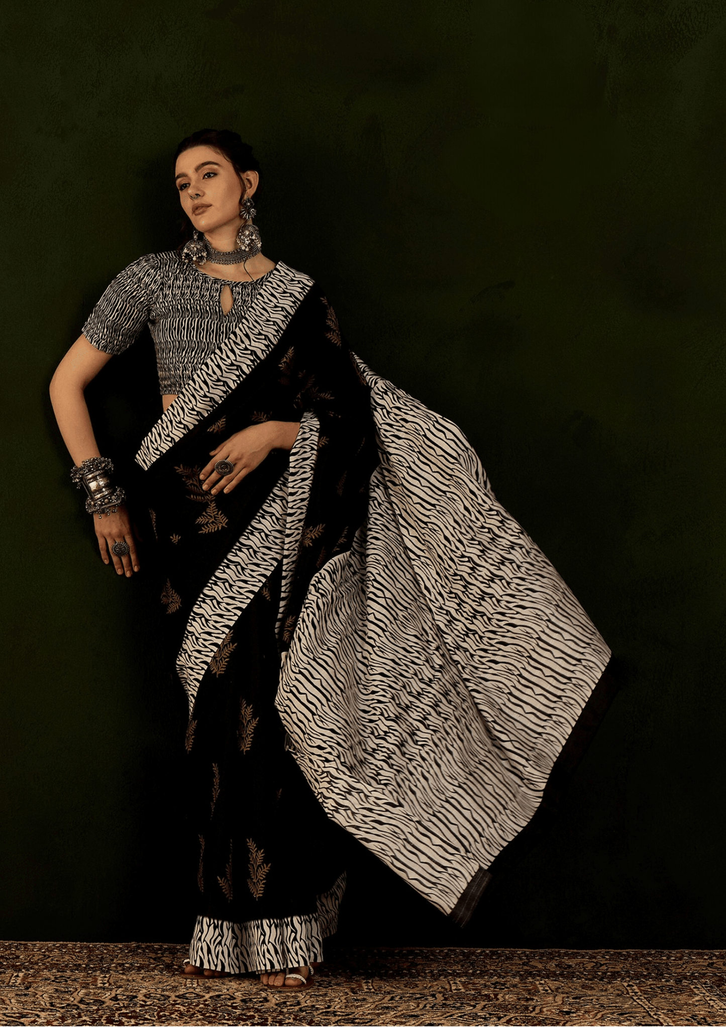 Bhagalpuri Silk Black with Gold leaf motifs Bhagalpuri Saree - SaviDurga