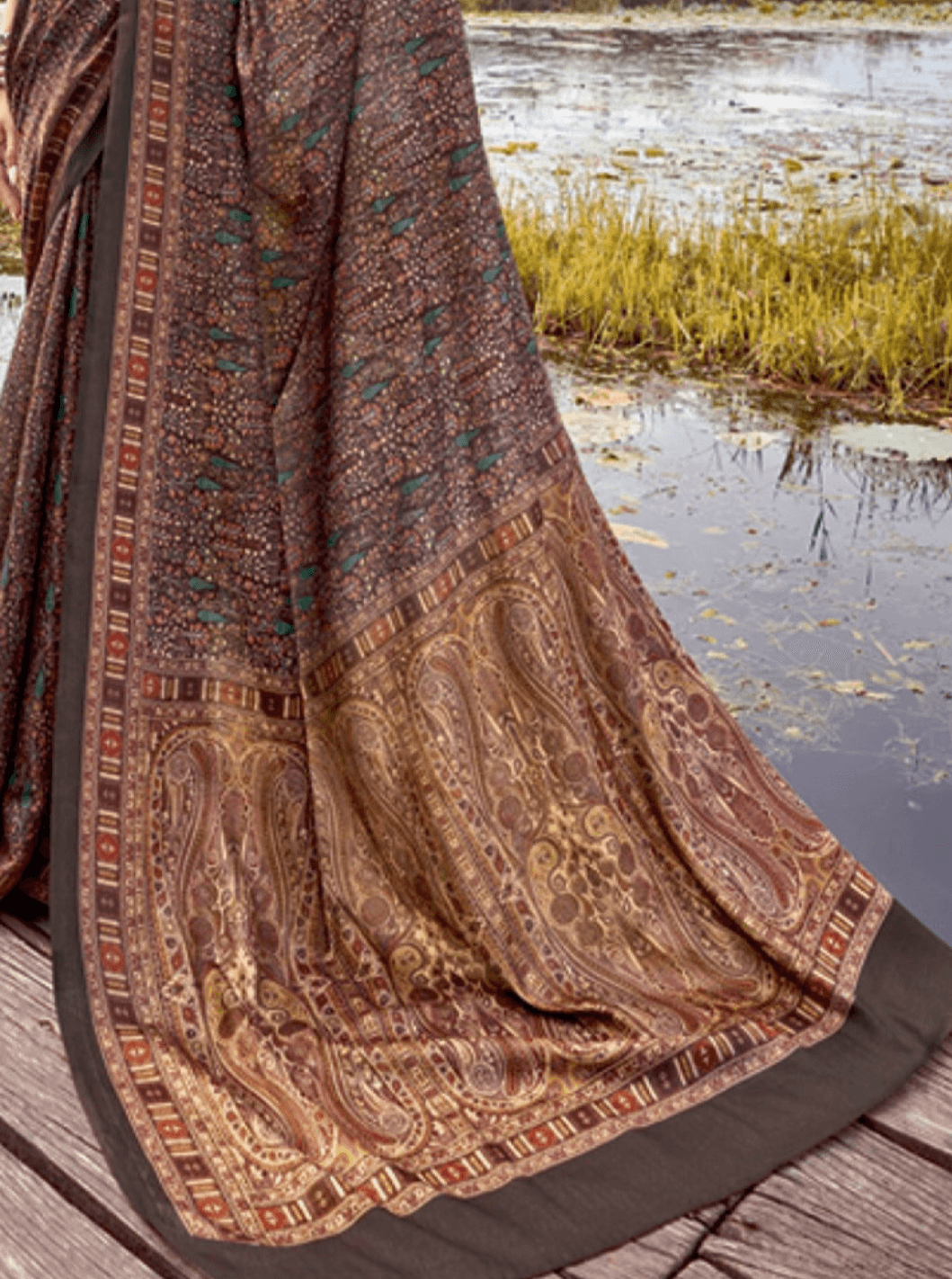 Saree Brown Pashmina Print Saree - SaviDurga