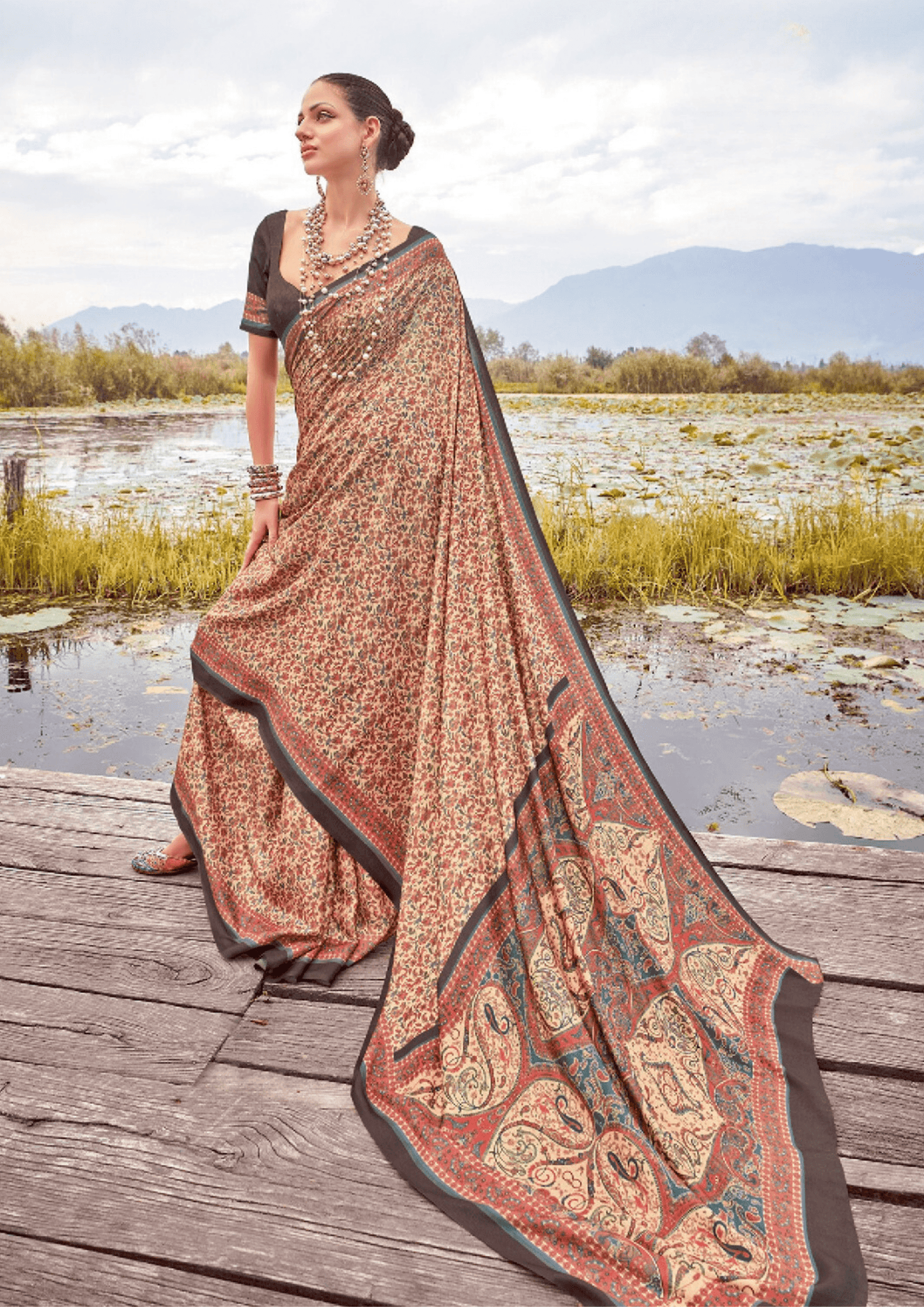 Saree Chocolate Beige Pashmina Print Saree - SaviDurga