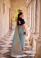 Delicate Silk Linen Tissue Light Blue and Golden Border Saree