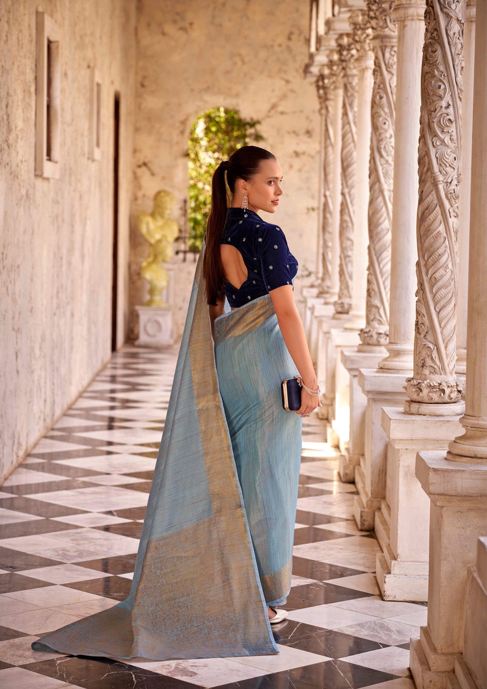 Delicate Silk Linen Tissue Light Blue and Golden Border Saree