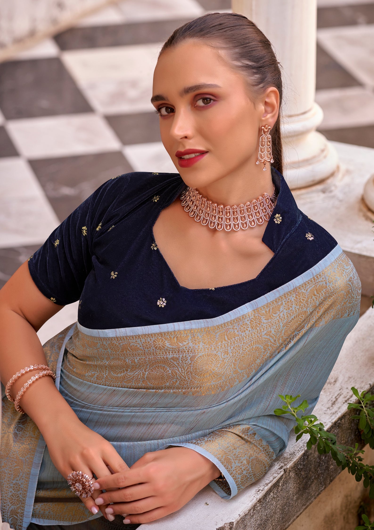Delicate Silk Linen Tissue Light Blue and Golden Border Saree