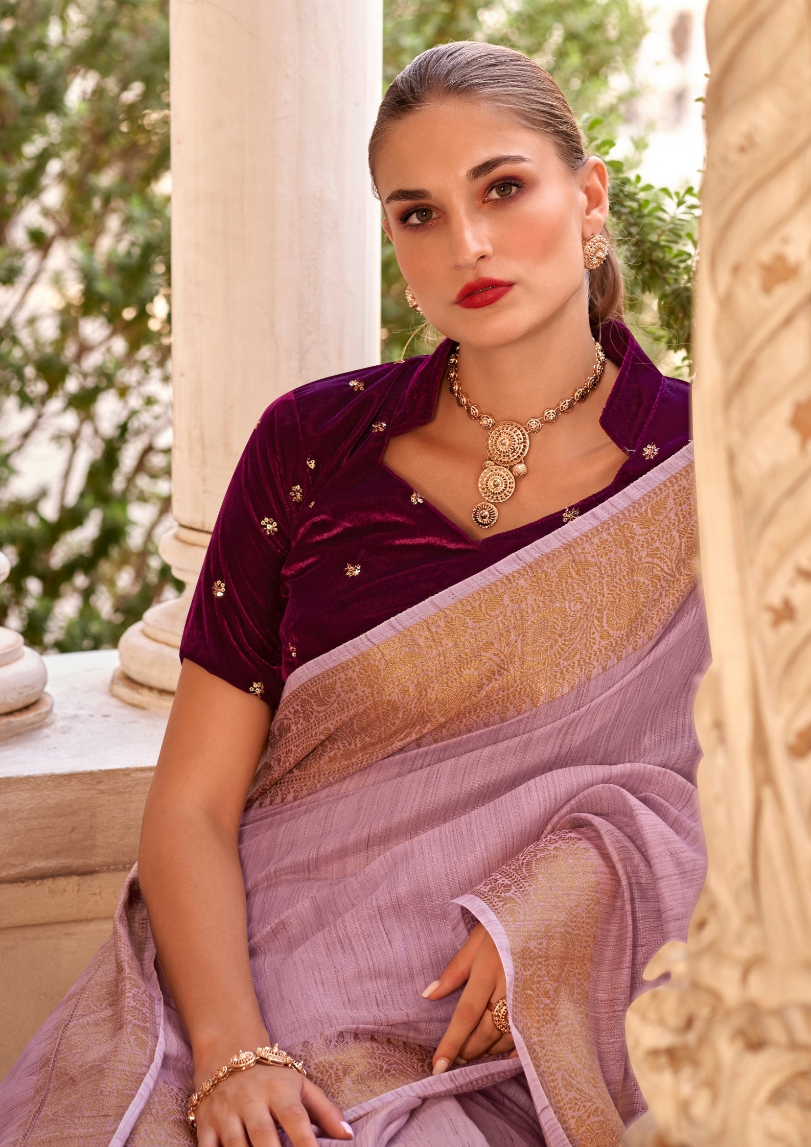 Delicate Silk Linen Tissue Light Pink and Golden Border Saree