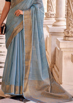 Delicate Silk Linen Tissue Light Blue and Golden Border Saree