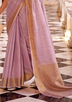 Delicate Silk Linen Tissue Light Pink and Golden Border Saree