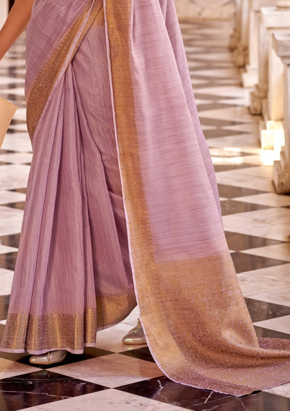 Delicate Silk Linen Tissue Light Pink and Golden Border Saree
