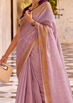 Delicate Silk Linen Tissue Light Pink and Golden Border Saree