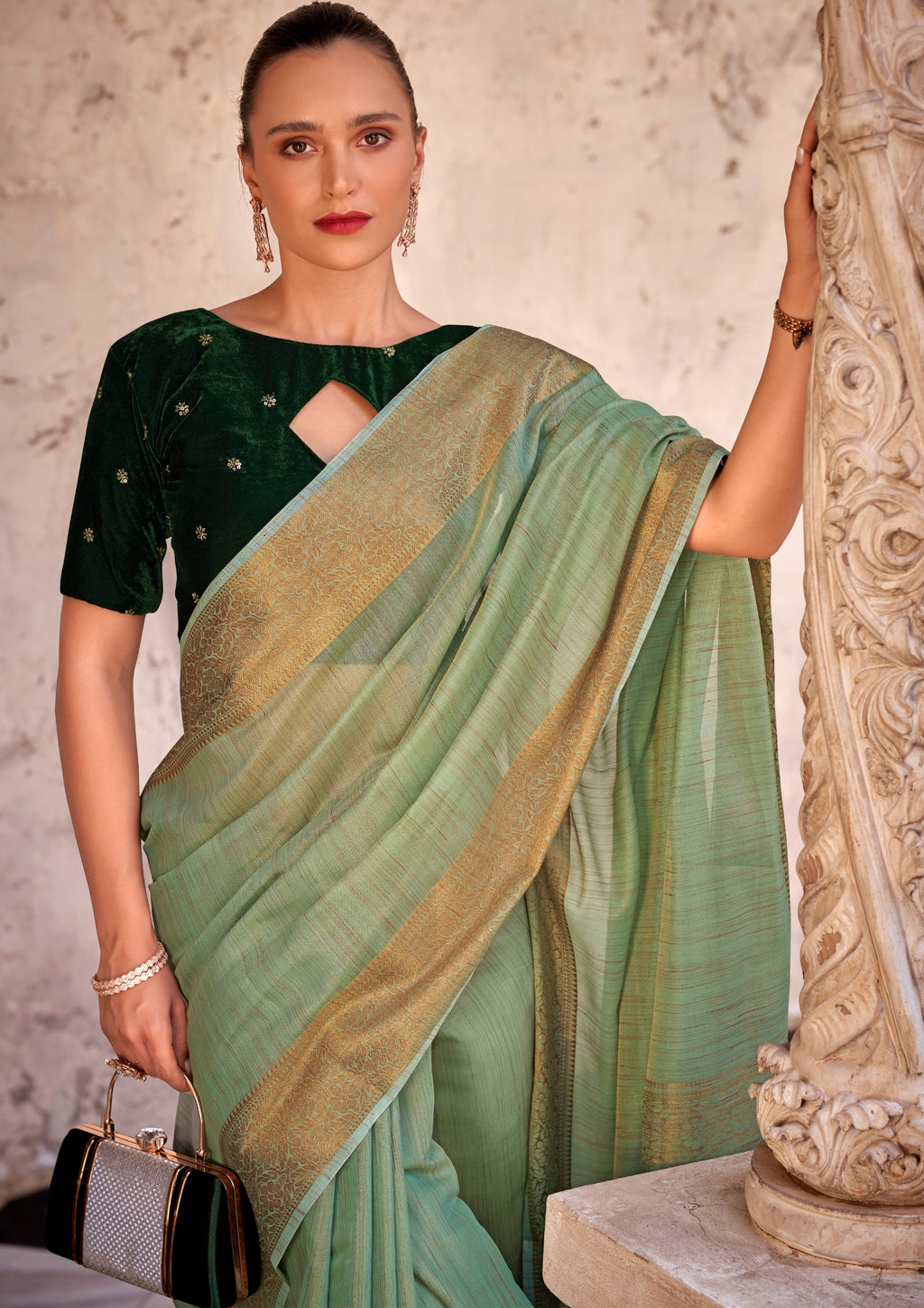 Delicate Silk Linen Tissue Light Green and Golden Border Saree