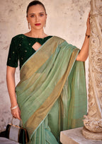 Delicate Silk Linen Tissue Light Green and Golden Border Saree