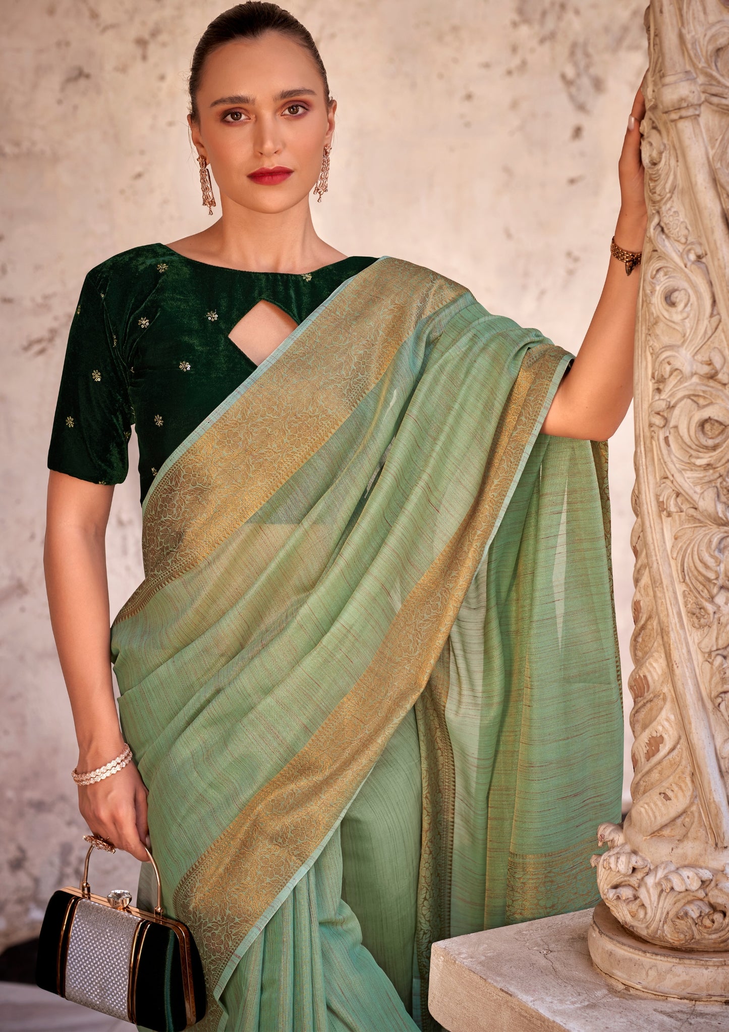 Delicate Silk Linen Tissue Light Green and Golden Border Saree