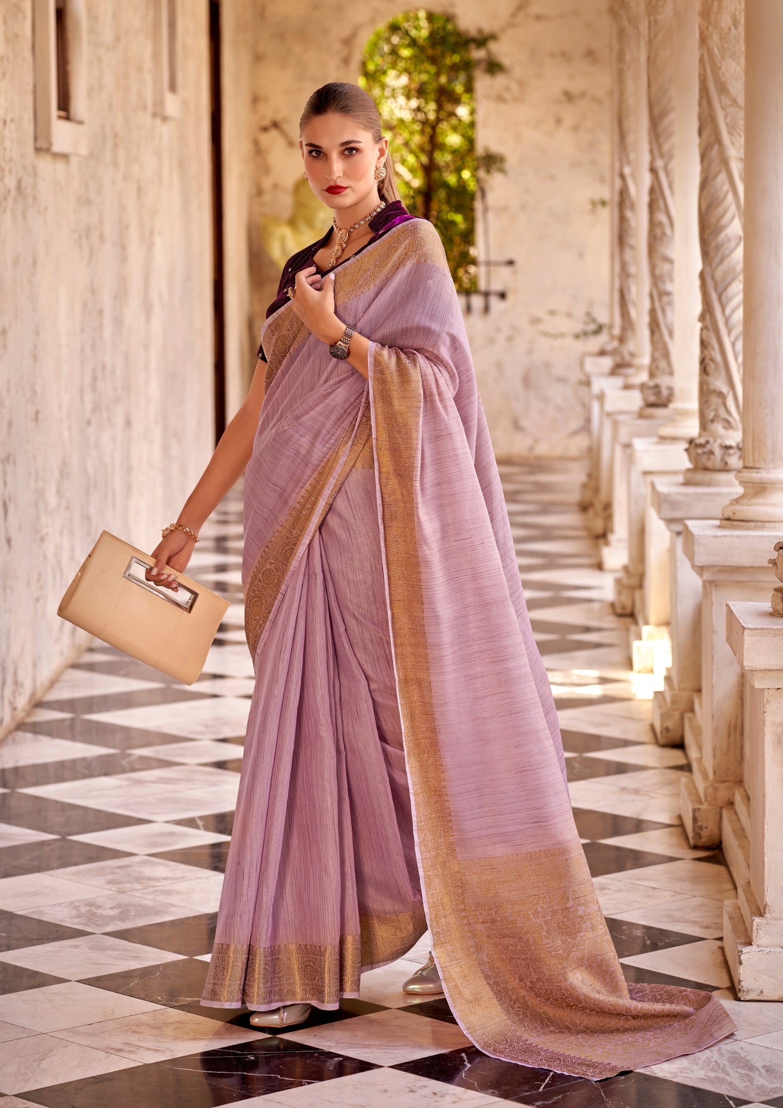 Delicate Silk Linen Tissue Light Pink and Golden Border Saree