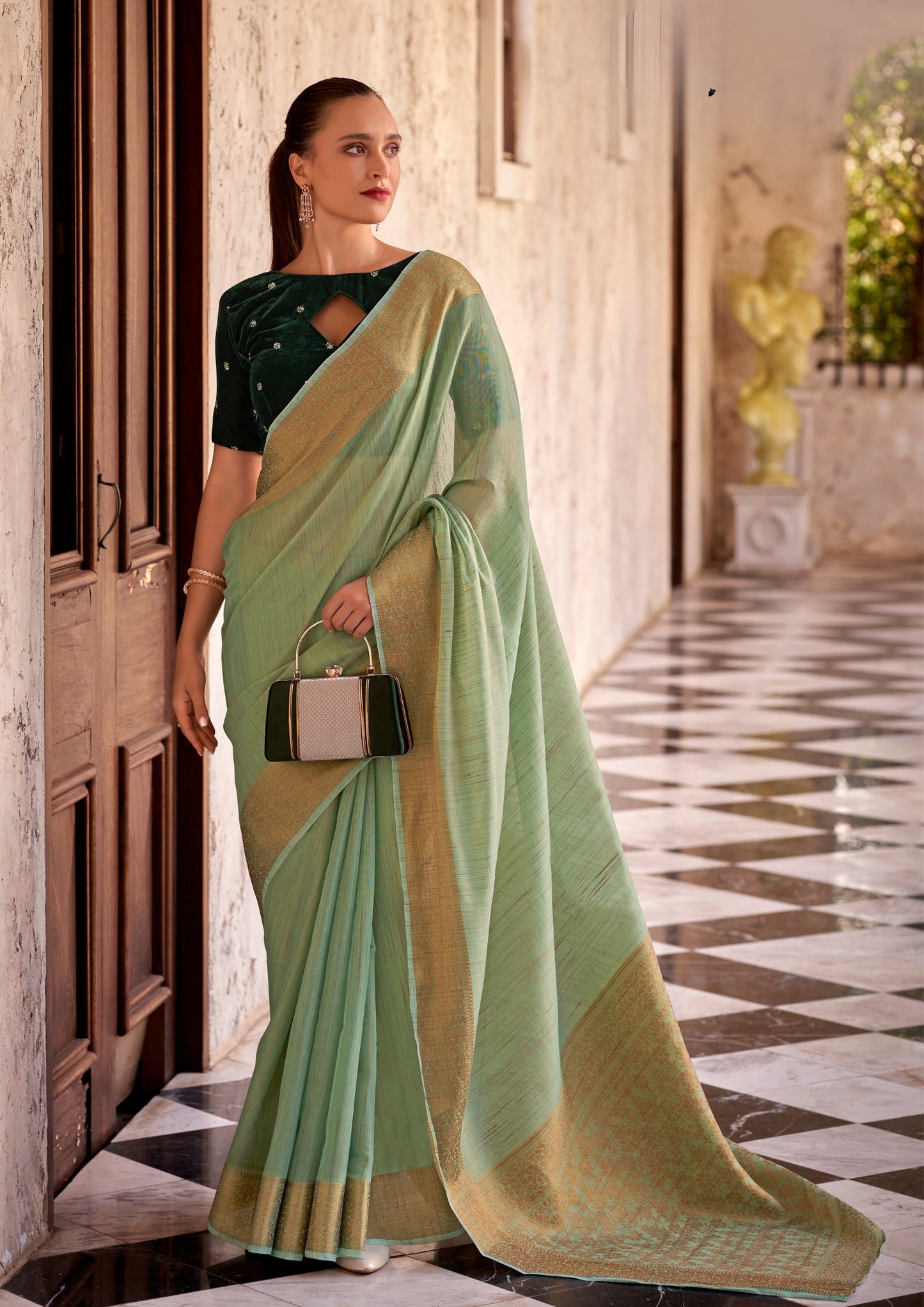 Delicate Silk Linen Tissue Light Green and Golden Border Saree