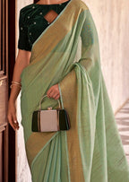 Delicate Silk Linen Tissue Light Green and Golden Border Saree
