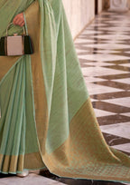 Delicate Silk Linen Tissue Light Green and Golden Border Saree