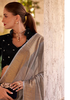 Delicate Silk Linen Tissue Light Grey and Golden Border Saree