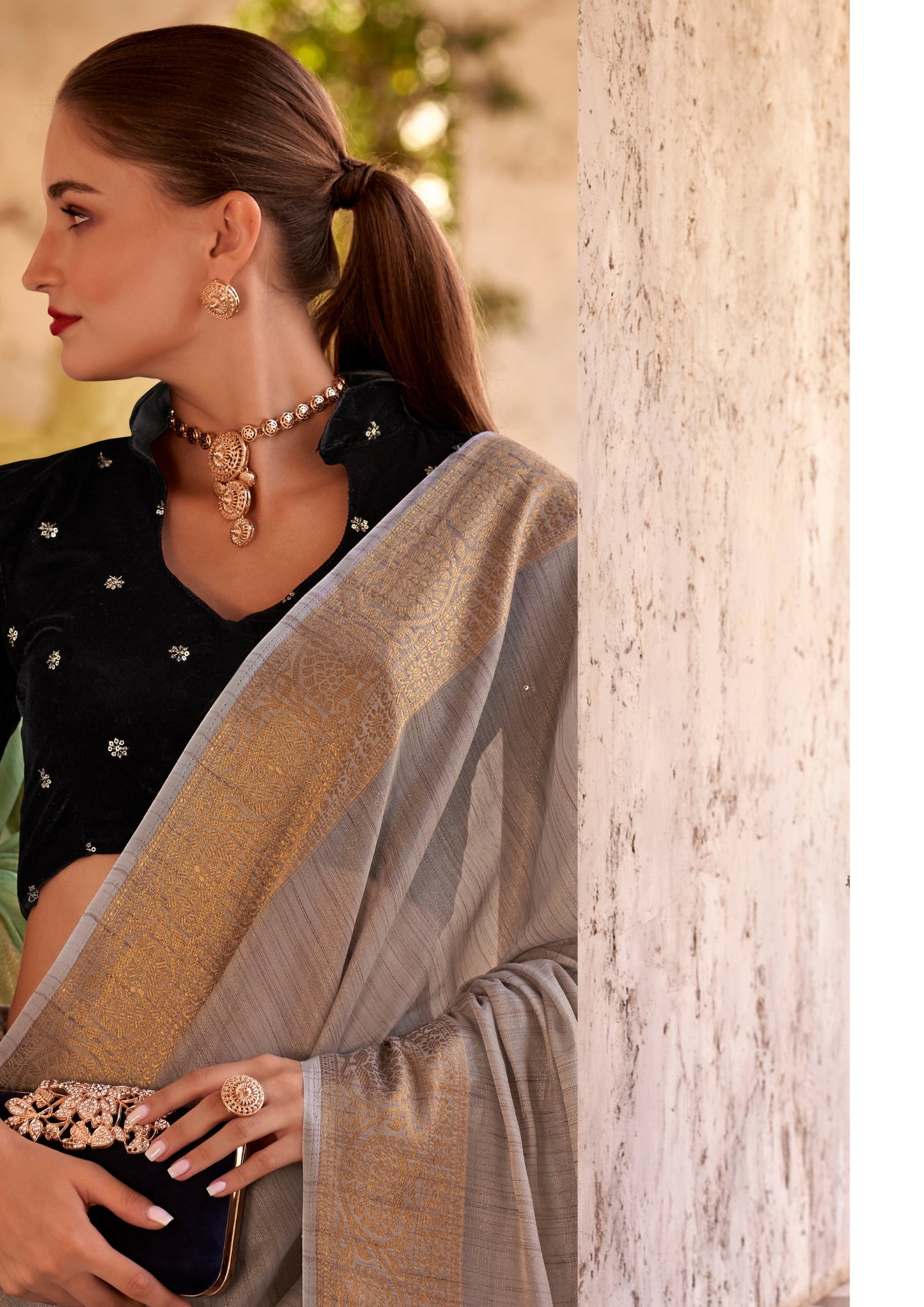 Delicate Silk Linen Tissue Light Grey and Golden Border Saree