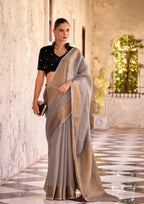 Delicate Silk Linen Tissue Light Grey and Golden Border Saree