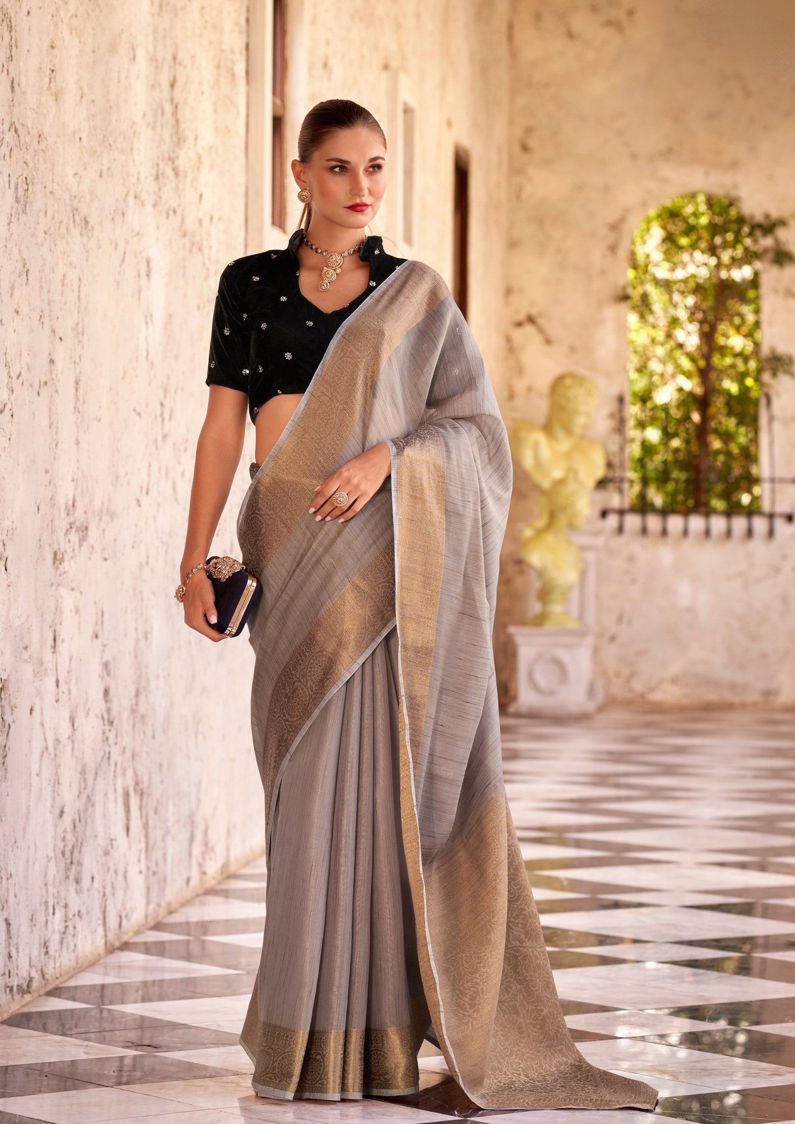 Delicate Silk Linen Tissue Light Grey and Golden Border Saree