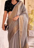Delicate Silk Linen Tissue Light Grey and Golden Border Saree