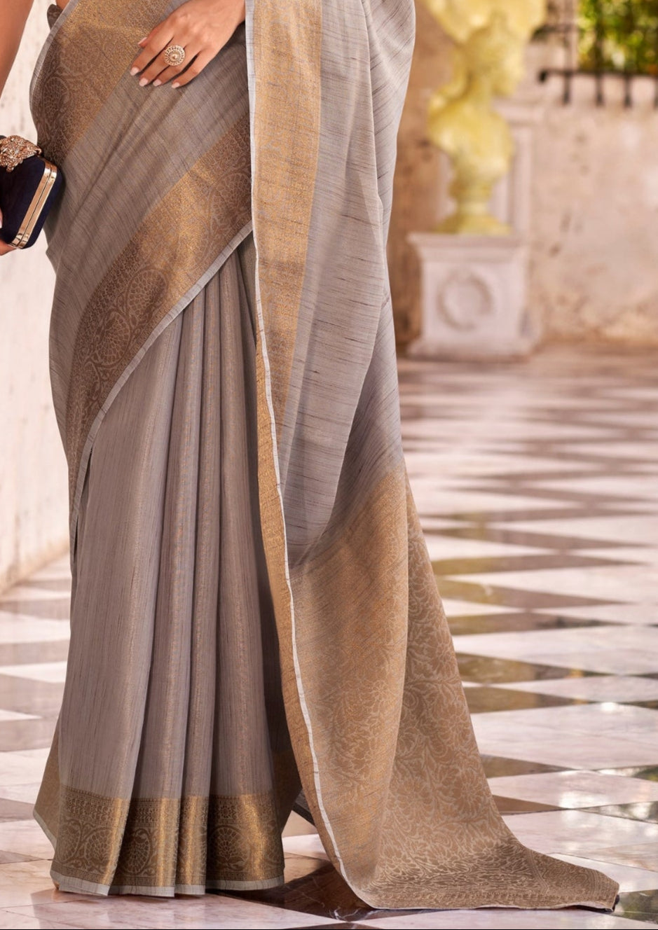 Delicate Silk Linen Tissue Light Grey and Golden Border Saree