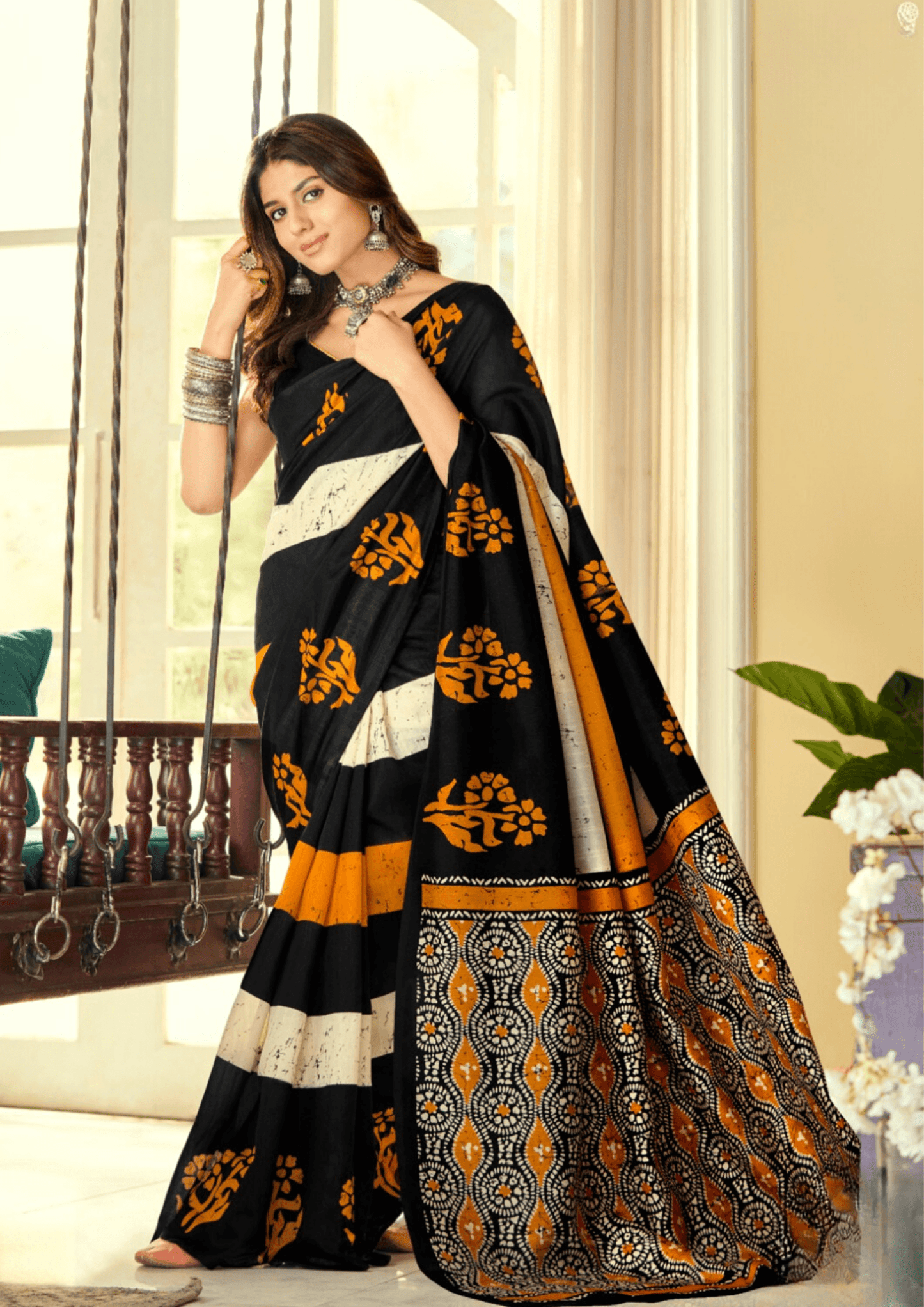 Saree Elegant Black and Yellow Bhagalpuri Saree - SaviDurga