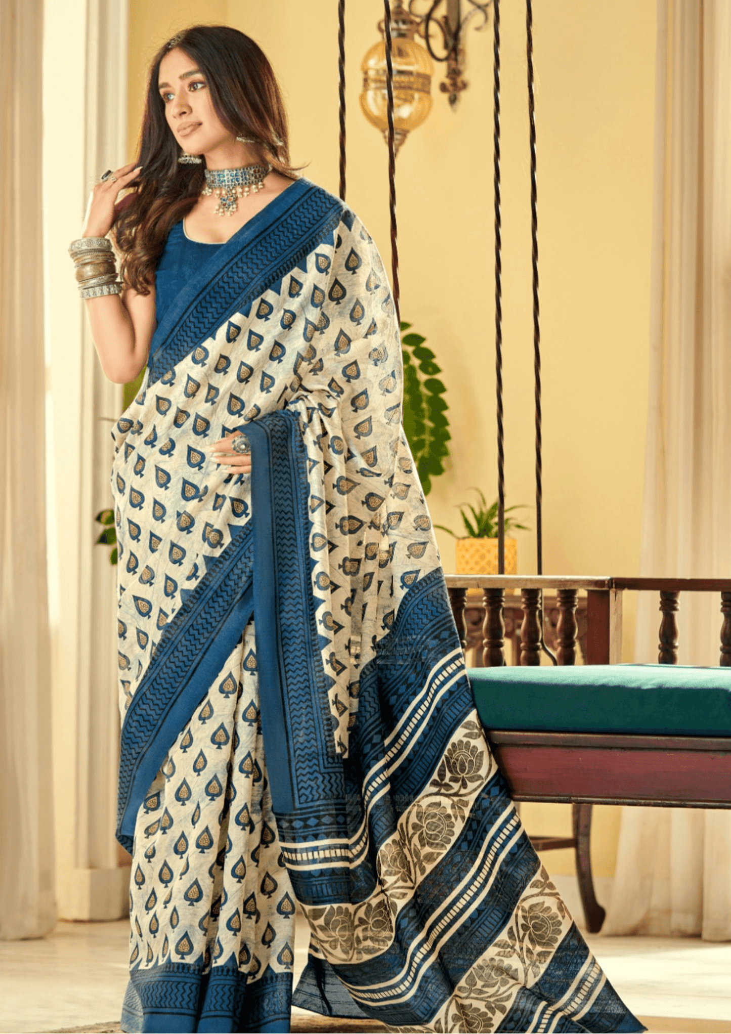 Saree Elegant Blue and Beige Bhagalpuri Saree - SaviDurga