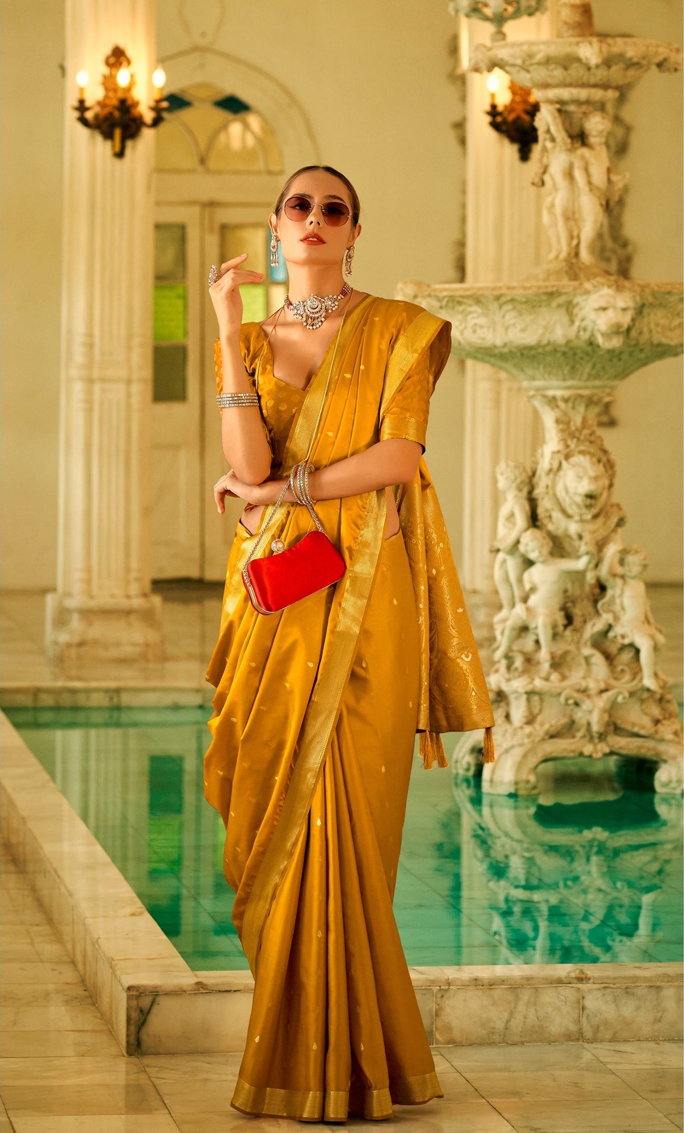 Pure Sattin Silk Handwoven Zari Work Golden Yellow Saree