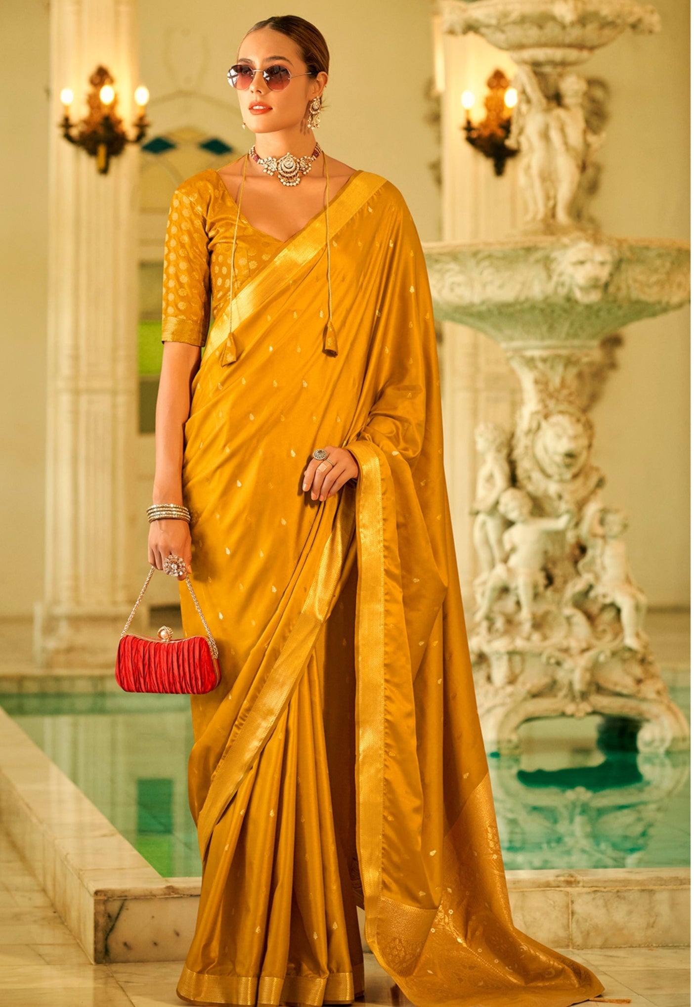 Pure Sattin Silk Handwoven Zari Work Golden Yellow Saree