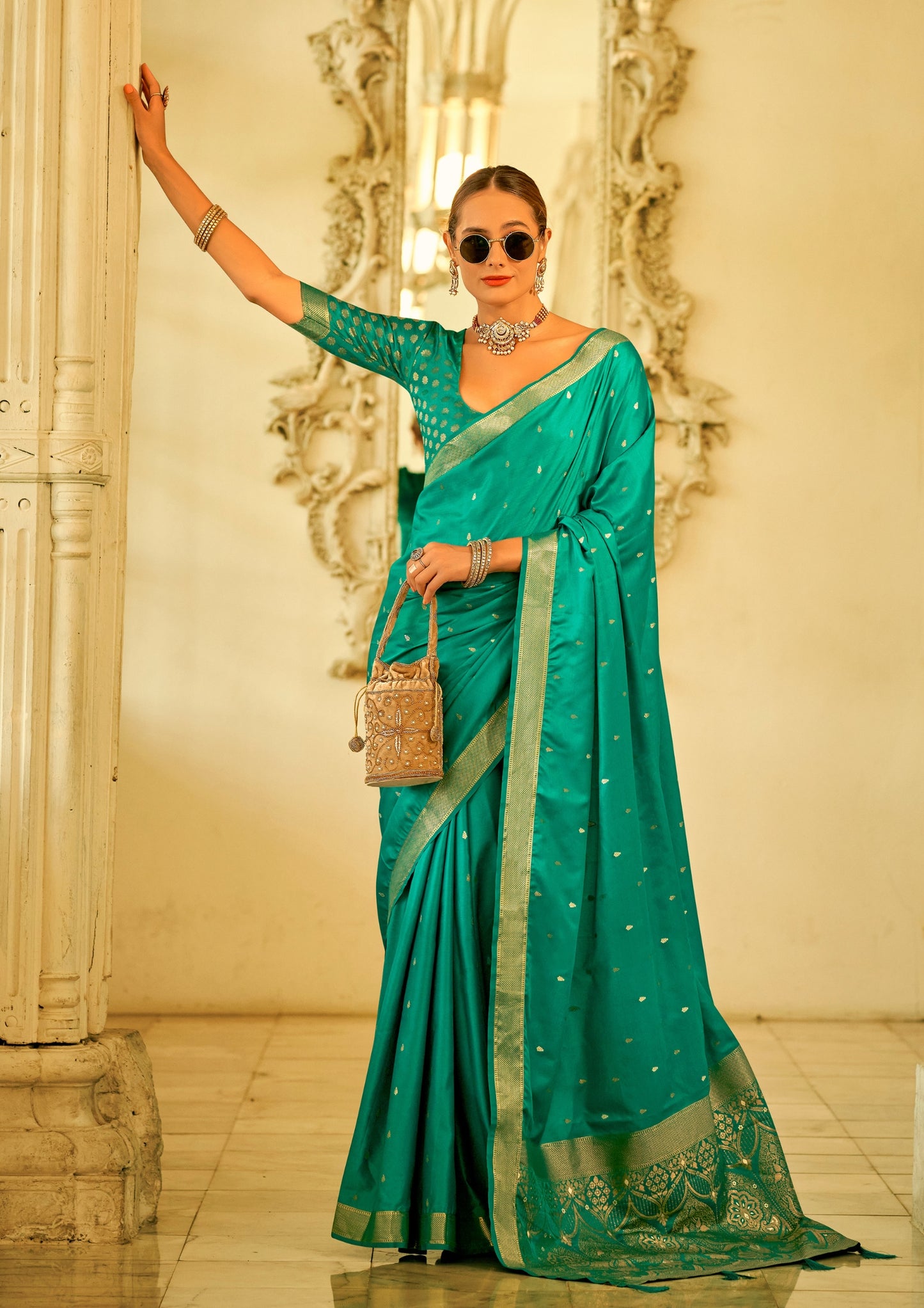 Pure Sattin Silk Handwoven Zari Work Turquoise Green Saree