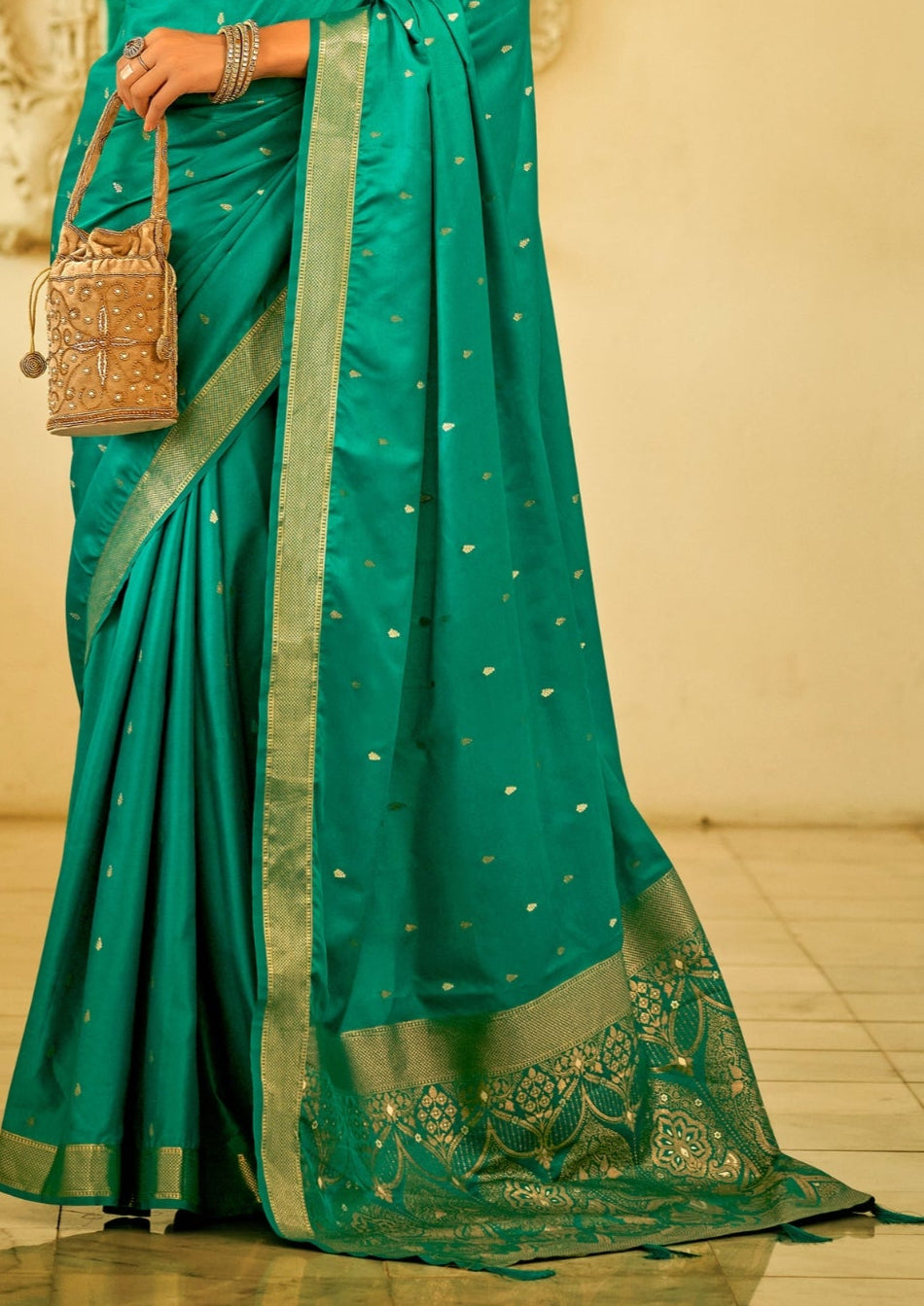 Pure Sattin Silk Handwoven Zari Work Turquoise Green Saree