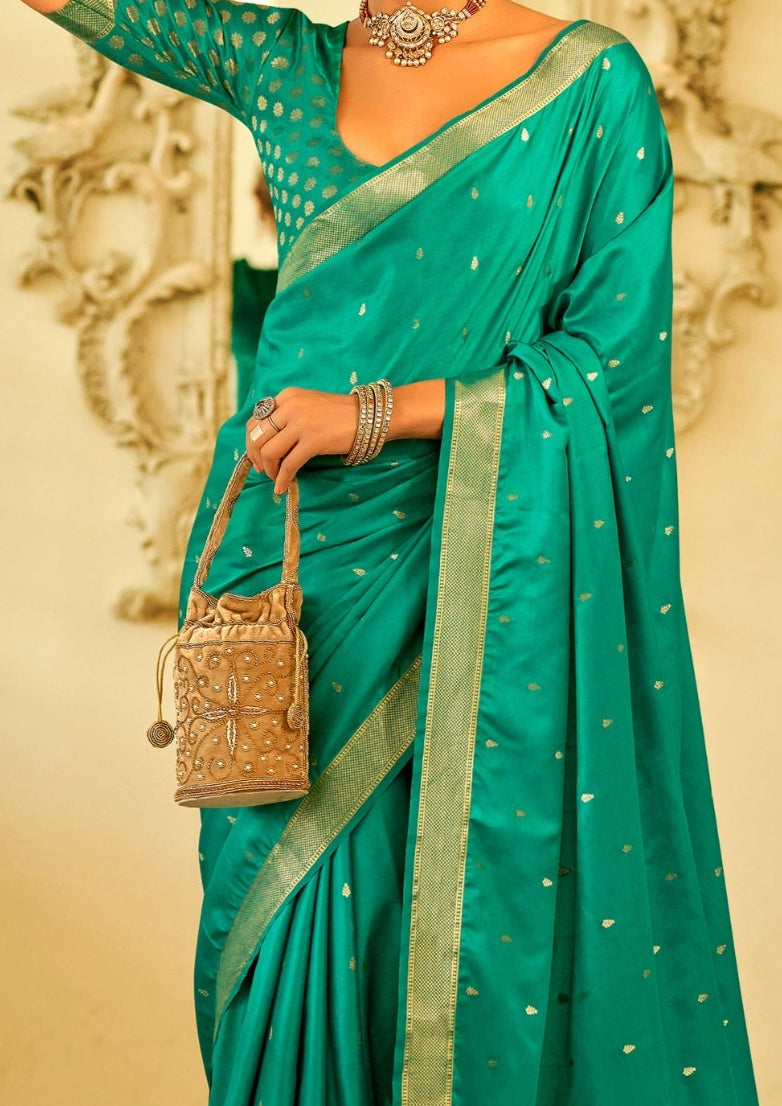 Pure Sattin Silk Handwoven Zari Work Turquoise Green Saree