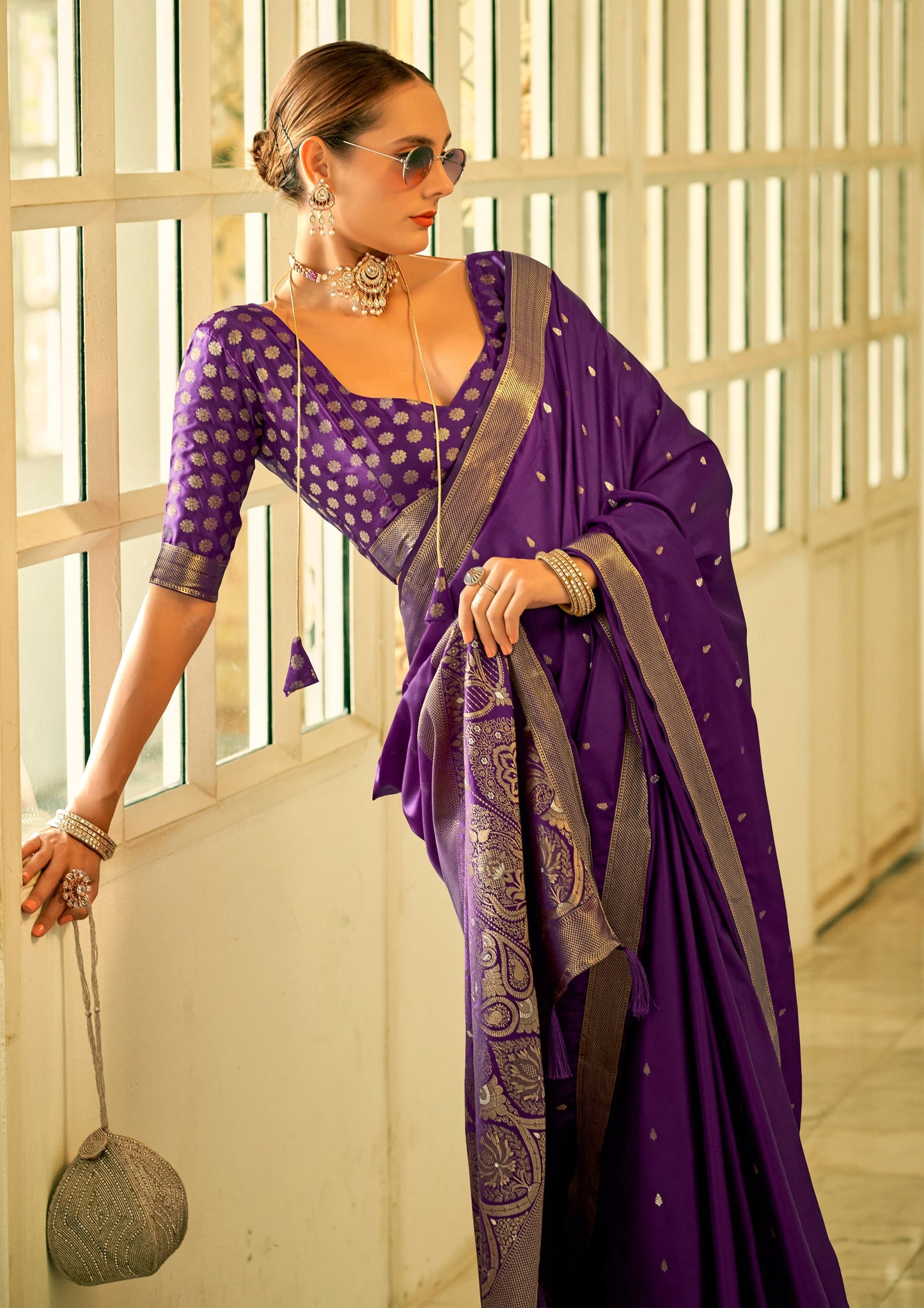 Pure Sattin Silk Handwoven Zari Work Purple Saree