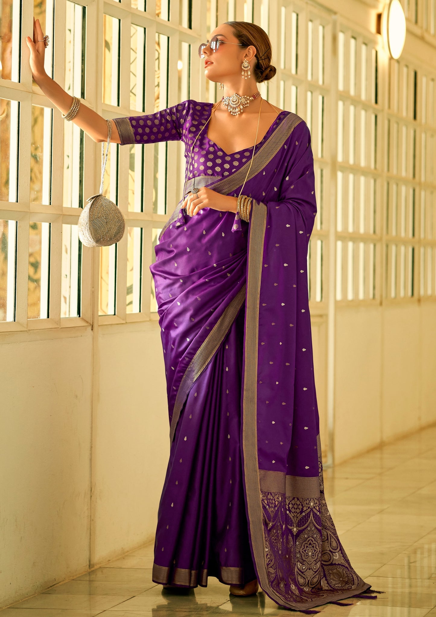 Pure Sattin Silk Handwoven Zari Work Purple Saree