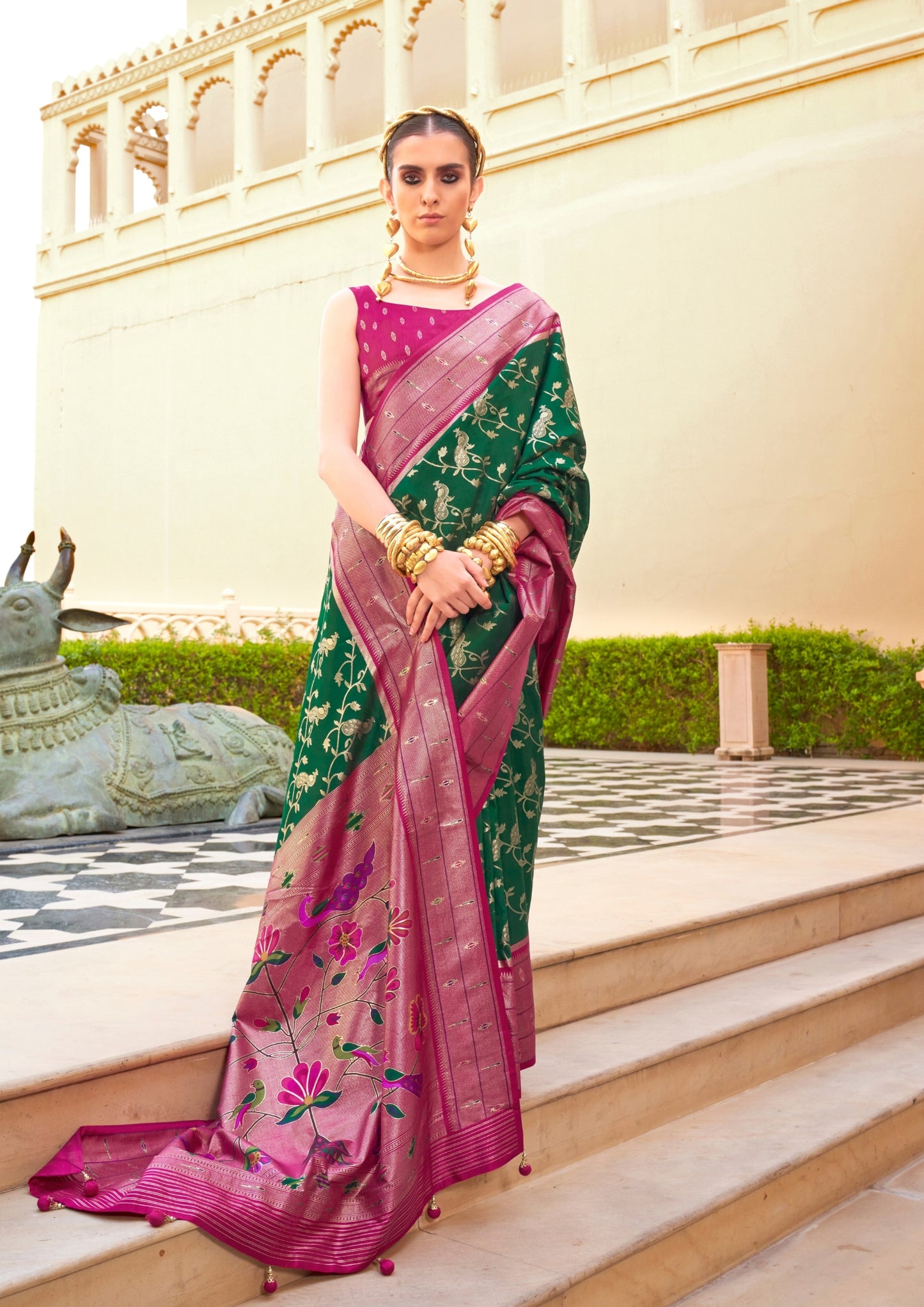 PV Silk Paithani Design Green Saree With Contrast Border and Zari Weaving