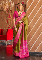 Classical Patola Design With Sambalpuri Print Olive Green Silk Saree