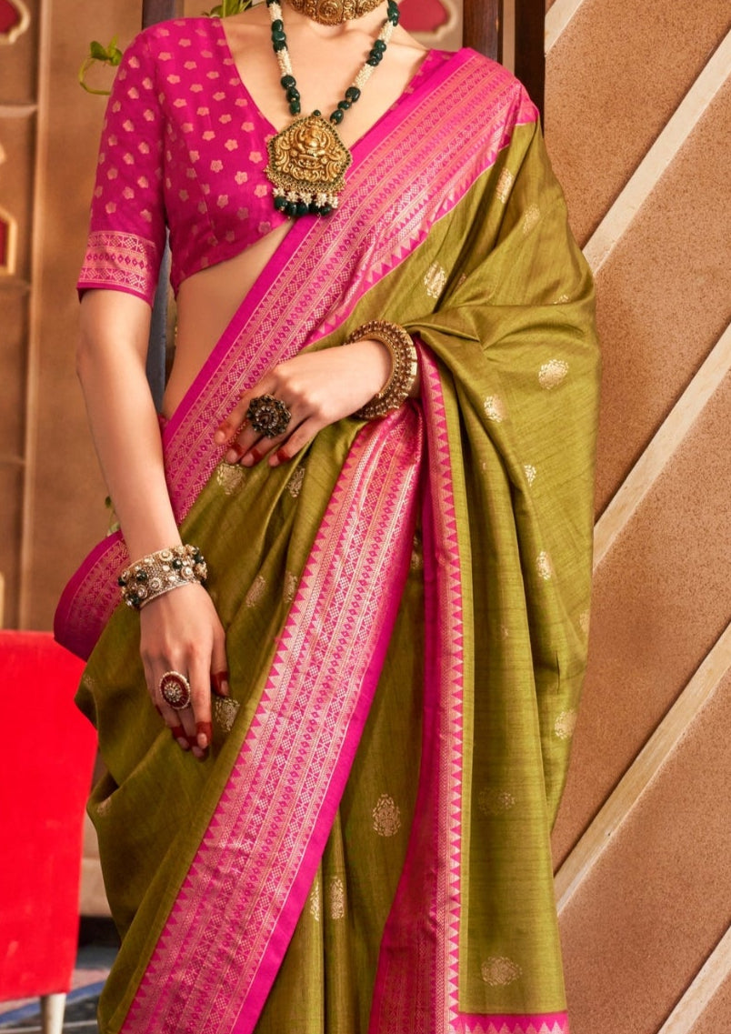Classical Patola Design With Sambalpuri Print Olive Green Silk Saree