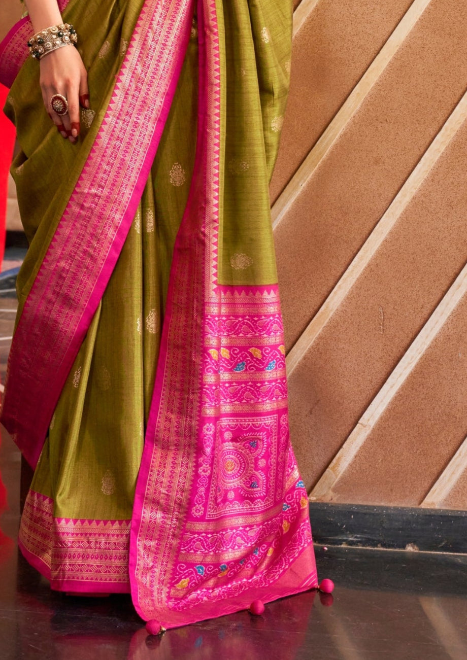Classical Patola Design With Sambalpuri Print Olive Green Silk Saree