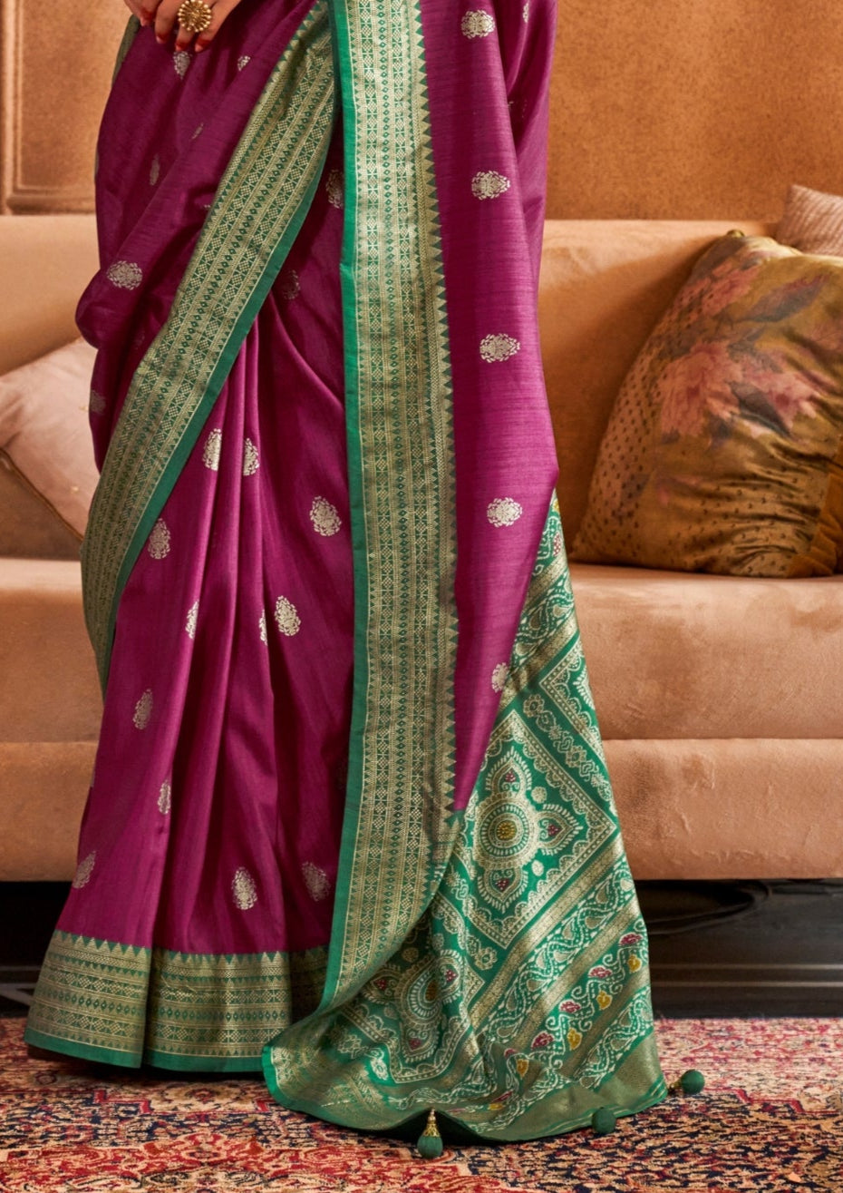 Classical Patola Design With Sambalpuri Print Plum Silk Saree