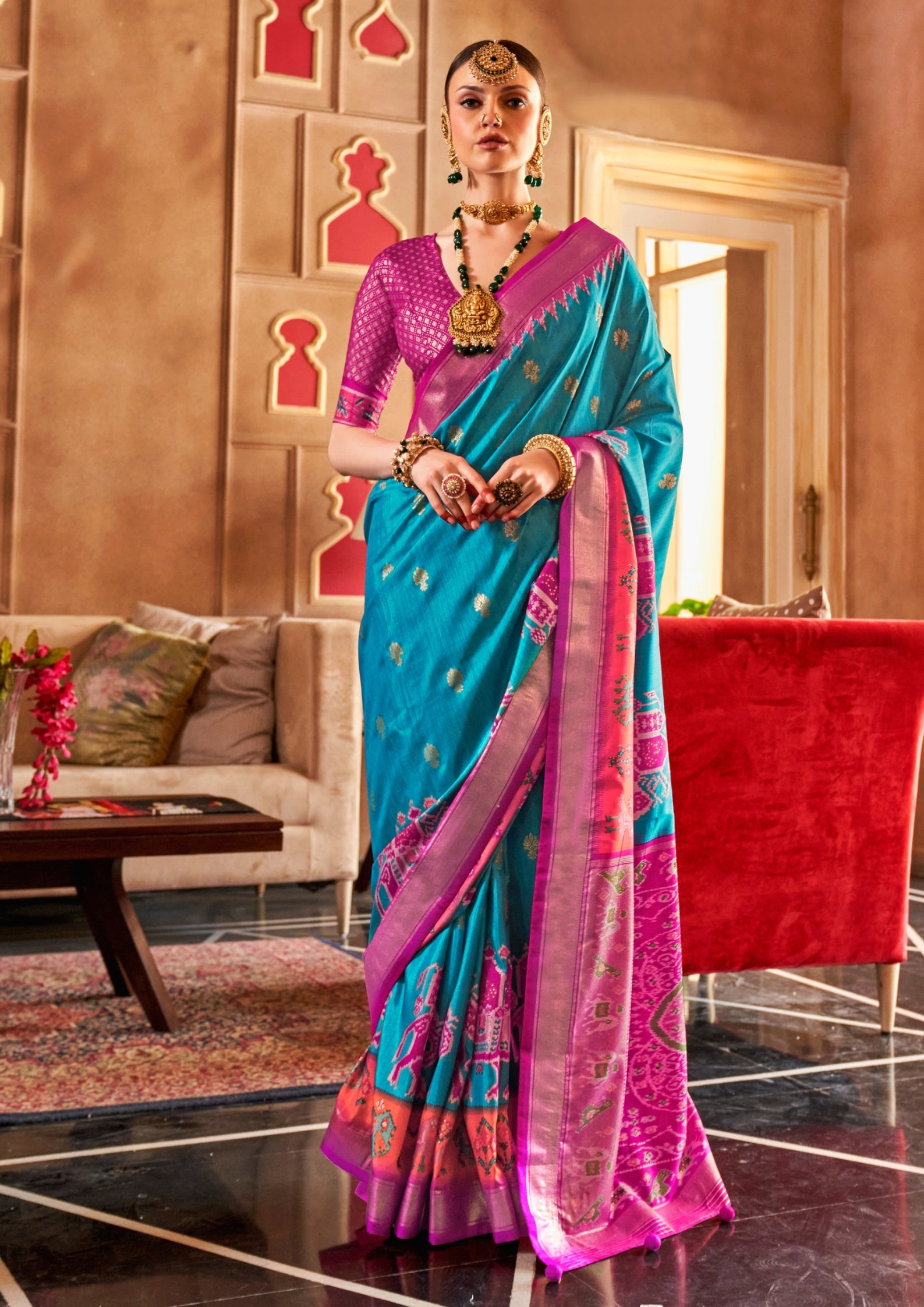 Classical Patola Design With Sambalpuri Print Light Blue Silk Saree