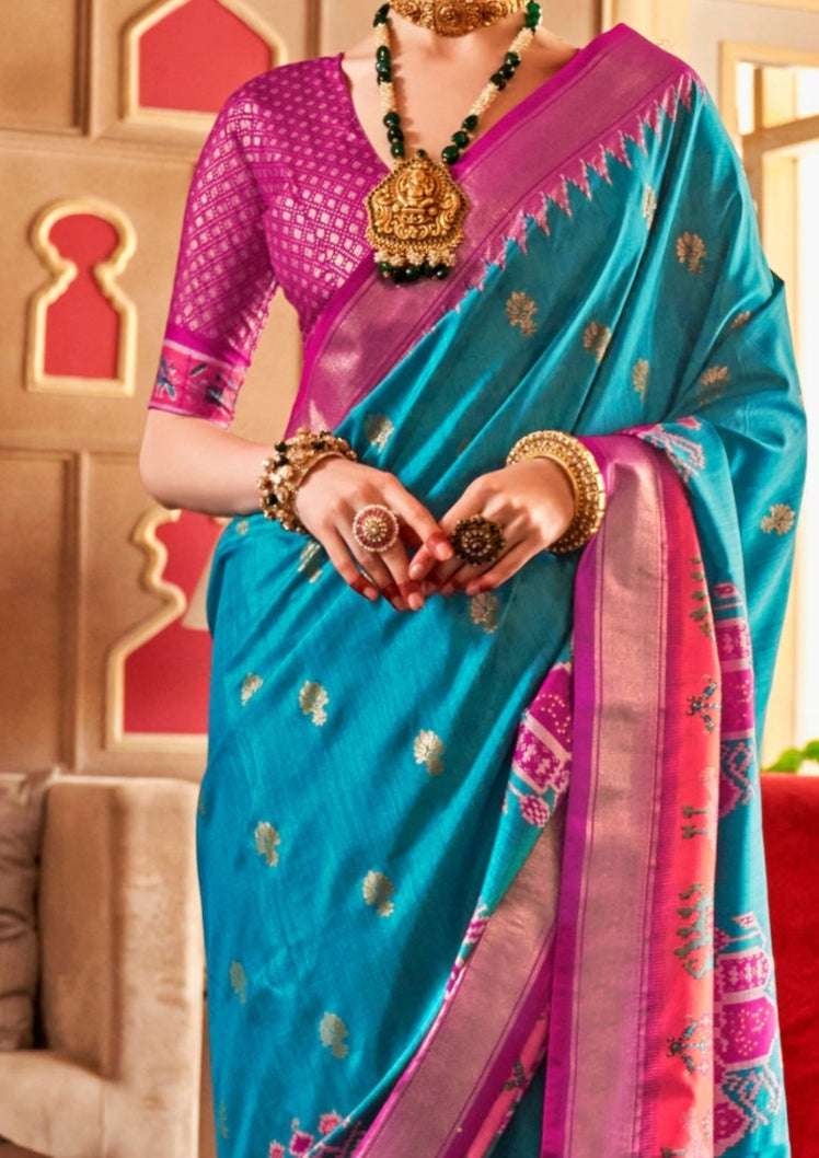 Classical Patola Design With Sambalpuri Print Light Blue Silk Saree