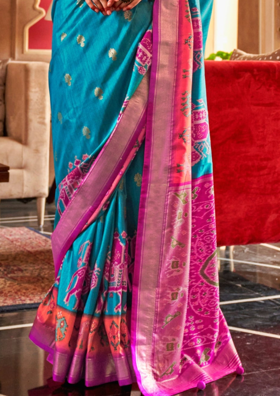 Classical Patola Design With Sambalpuri Print Light Blue Silk Saree