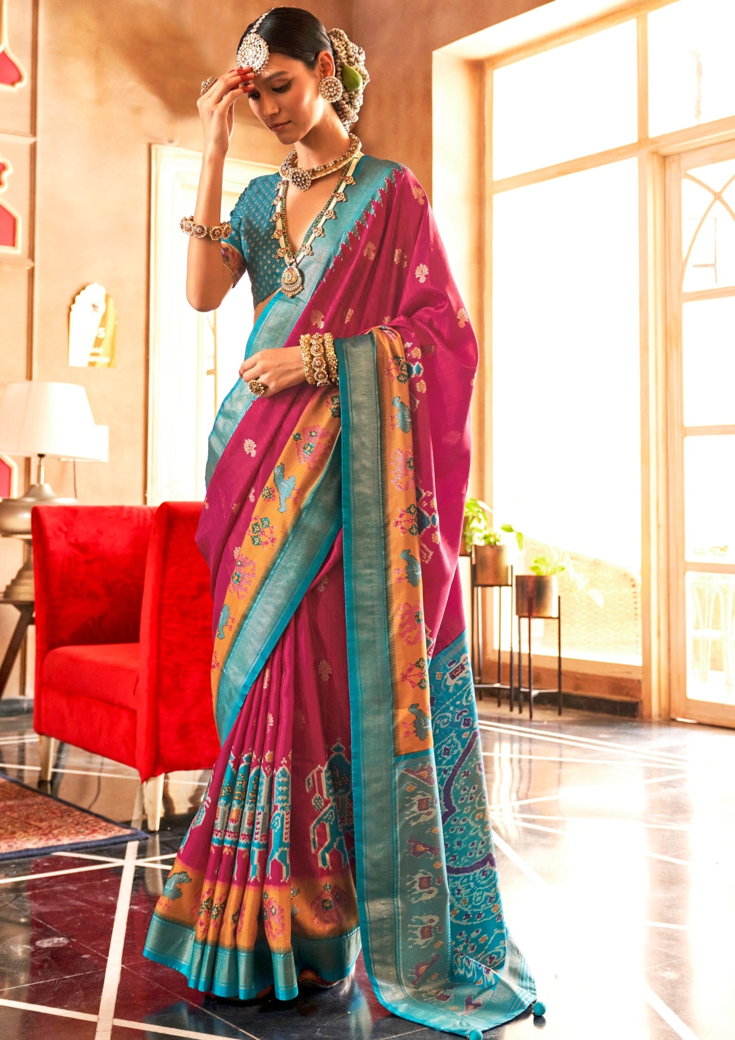Classical Patola Design With Sambalpuri Print Deep Pink Silk Saree