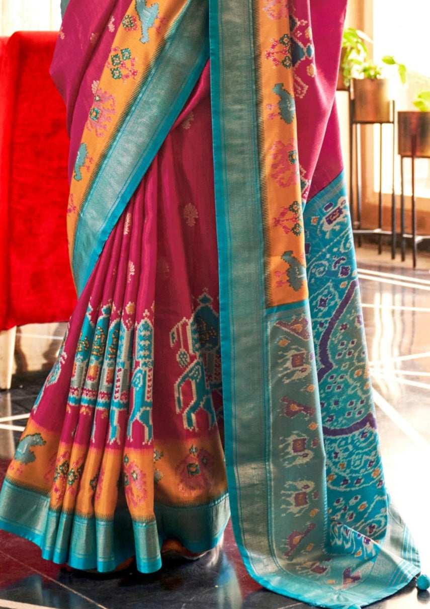 Classical Patola Design With Sambalpuri Print Deep Pink Silk Saree