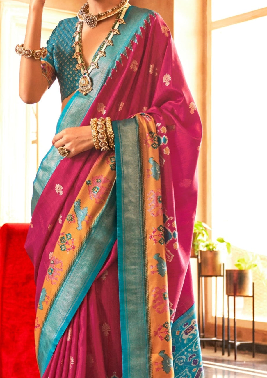 Classical Patola Design With Sambalpuri Print Deep Pink Silk Saree