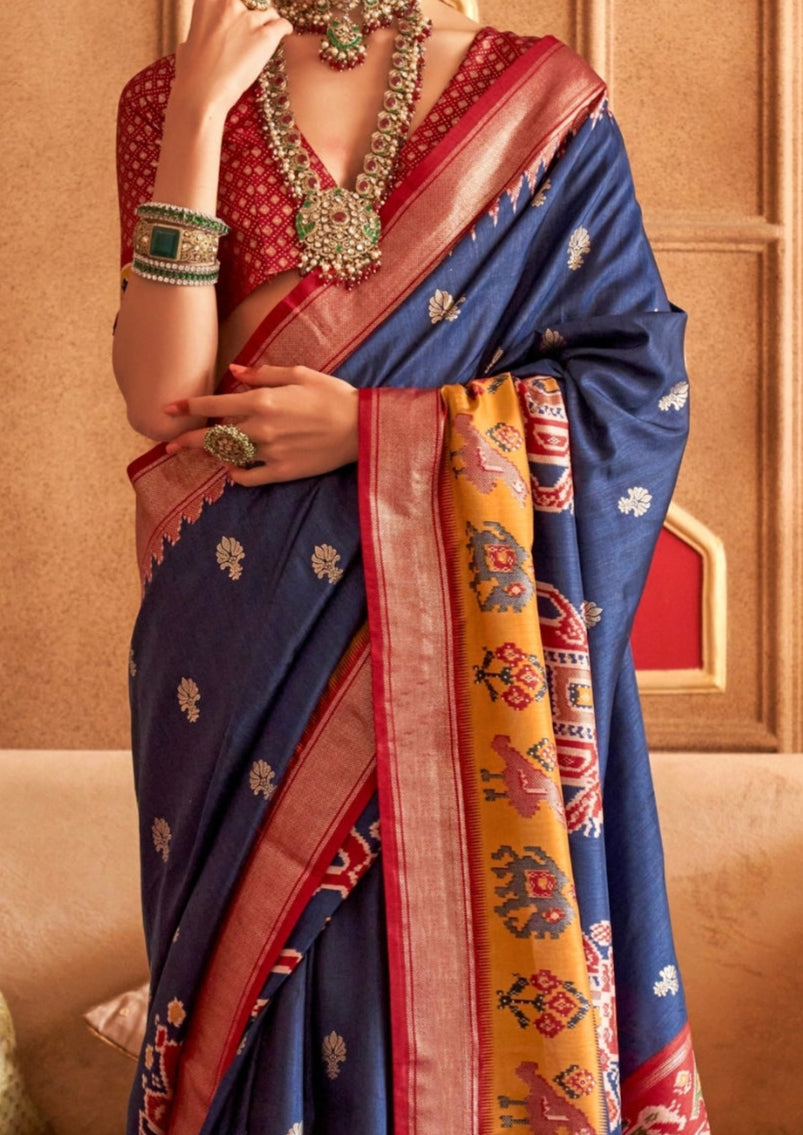 Classical Patola Design With Sambalpuri Print Navy Blue Silk Saree