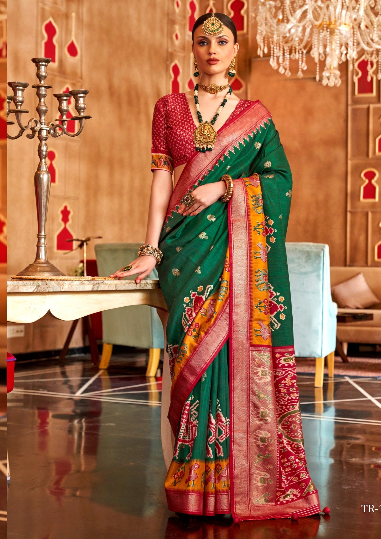 Classical Patola Design With Sambalpuri Print Dark Green Silk Saree