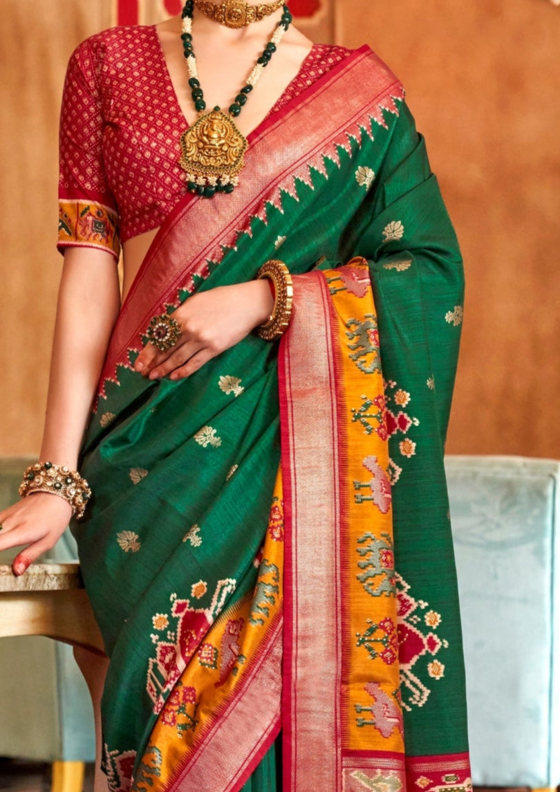 Classical Patola Design With Sambalpuri Print Dark Green Silk Saree
