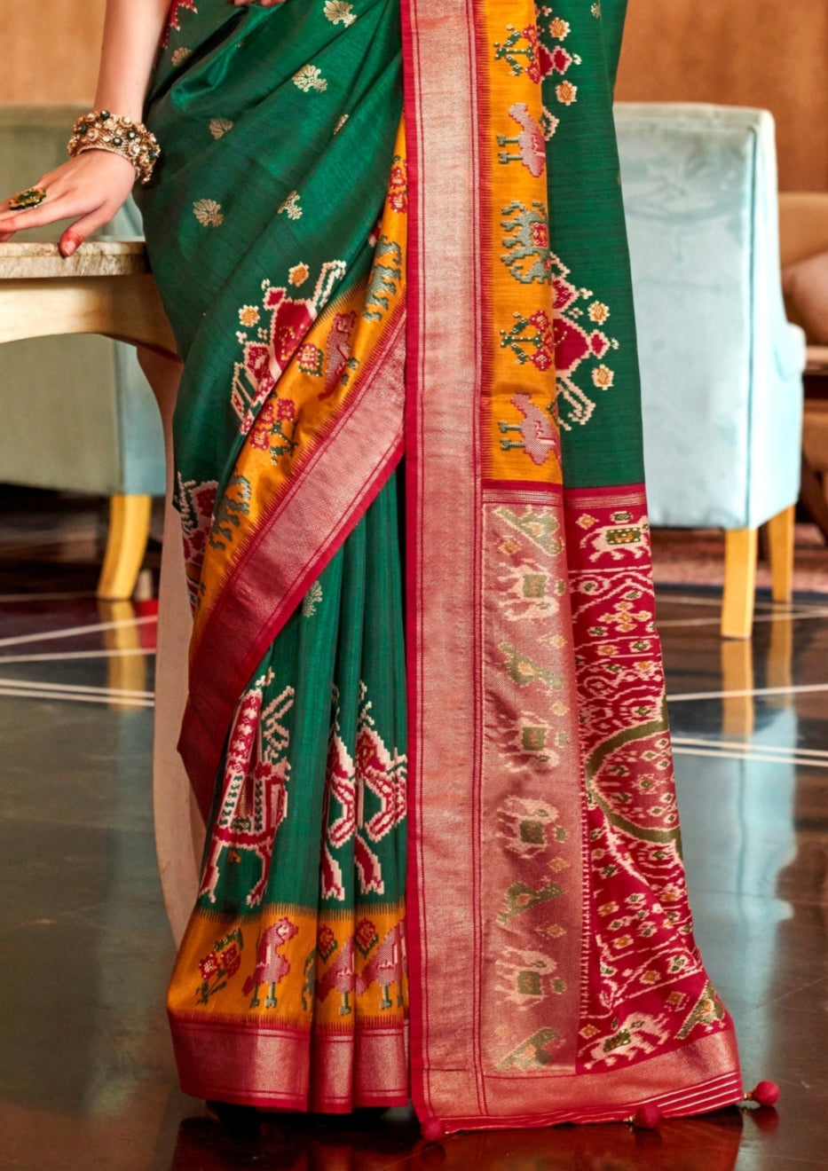 Classical Patola Design With Sambalpuri Print Dark Green Silk Saree