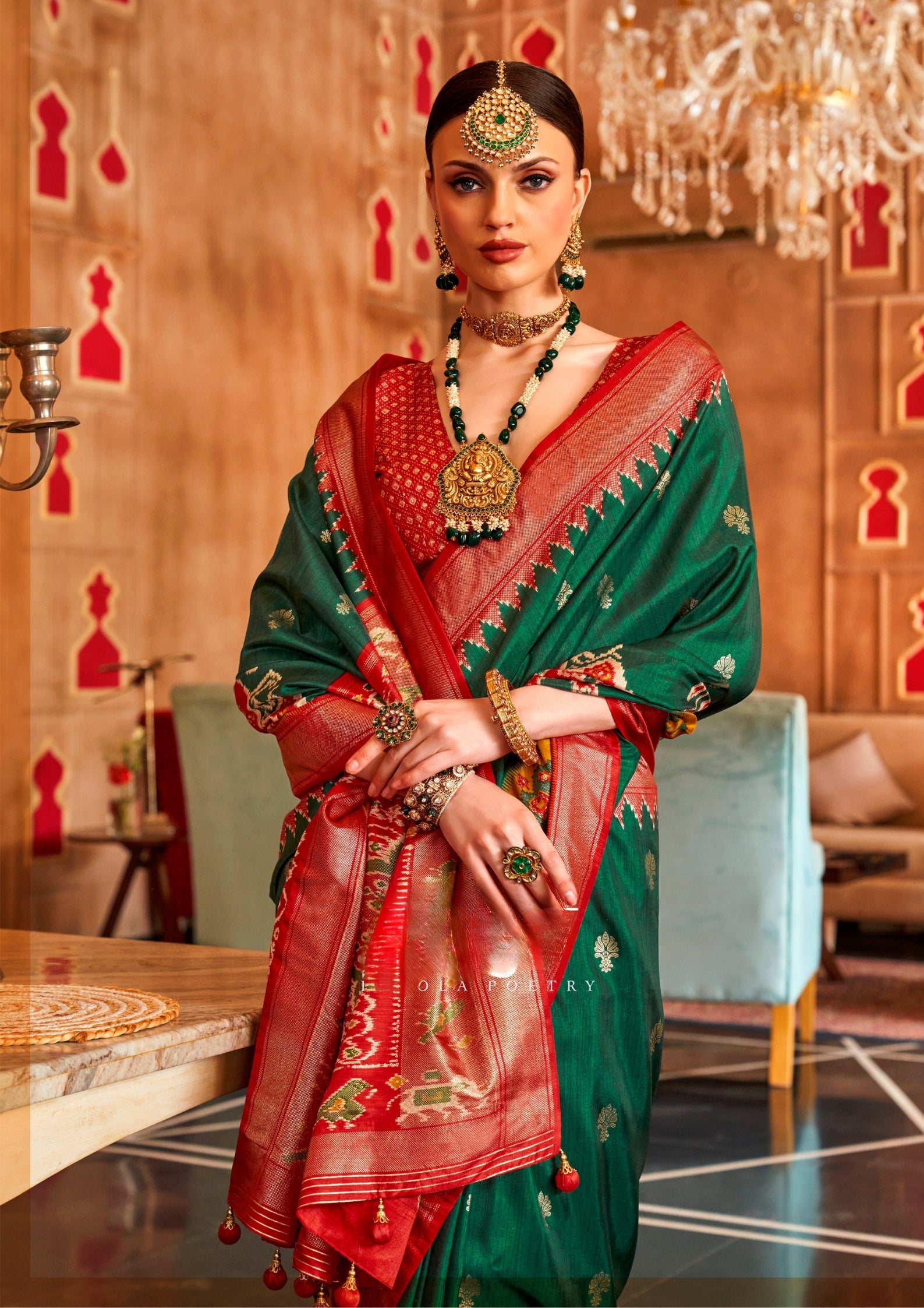 Classical Patola Design With Sambalpuri Print Dark Green Silk Saree