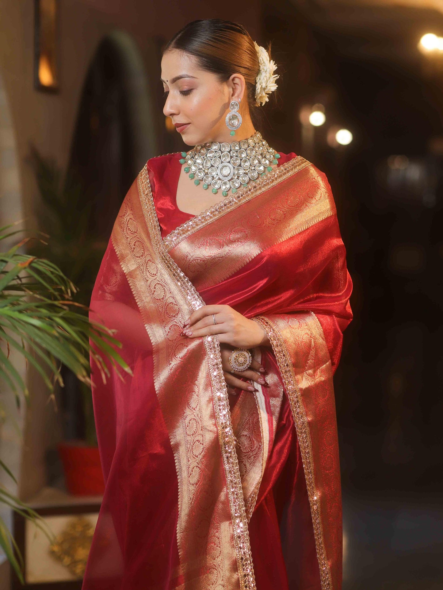 Red Tissue Saree with Golden Woven borders and Lace